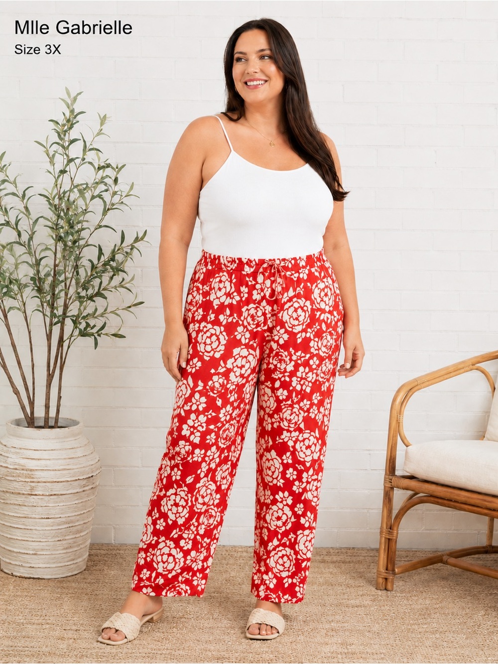 Mlle Gabrielle Red White Floral Wide Leg Pants Size 3X Boho Pull On Plus Size